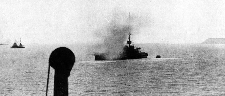 HMS Prince George under fire from Turkish howitzers at the Dardanelles