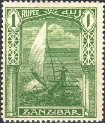 NOTE THE OUTRIGGER CANOE in this Zanzibar stamp