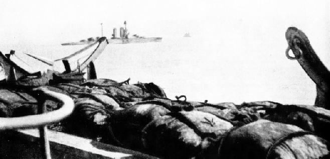SANDBAGS WERE USED TO PROTECT THE BOAT DECK of battleships against shells from Turkish howitzers on either side of the Dardanelles