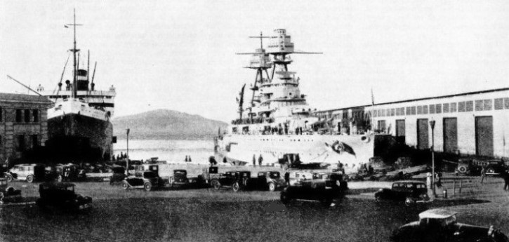 BERTHED SIDE BY SIDE at Piers 37 and 39 of San Francisco Harbour are the battleship Pennsylvania and the Virginia. 