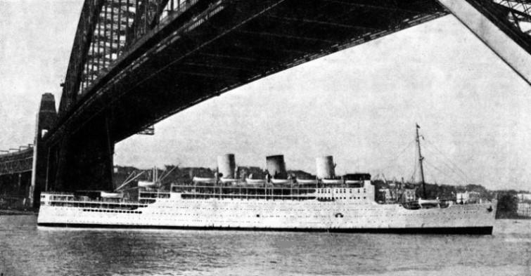 THERE IS AMPLE HEADROOM under Sydney Harbour Bridge for the P. and O. twin-screw liner Strathnaver