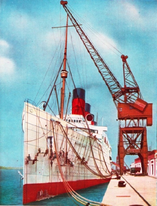 ONE OF THE MOST POPULAR TRANSATLANTIC LINERS was the Mauretania, shown being painted at Southampton