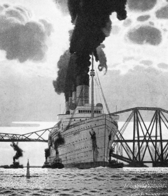 This striking impression of the Mauretania, passing the Forth Bridge on her way to Rosyth to be broken up