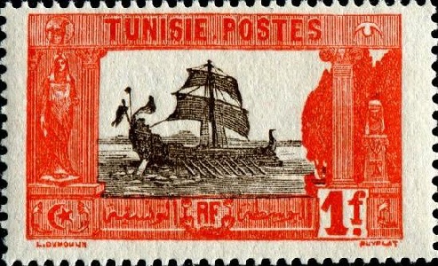 CARTHAGINIAN GALLEY on a Tunisian stamp issued in 1906
