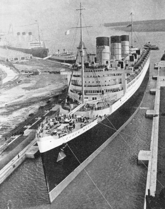 The arrival of the Cunard White Star liner Queen Mary in the King George V Graving Dock Southampton